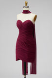 Vestido Curto de Regresso a Casa Borgonha, Bodycon Strapless Bodycon em Chiffon, Vestido Curto de Regresso a Casa com Faixa de Pescoço Drapeado