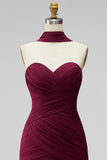 Vestido Curto de Regresso a Casa Borgonha, Bodycon Strapless Bodycon em Chiffon, Vestido Curto de Regresso a Casa com Faixa de Pescoço Drapeado