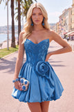 Vestido de Finalistas Azul Escuro Espartilho Azul Escuro com Espartilho de Festas e Flor 3D