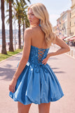 Vestido de Finalistas Azul Escuro Espartilho Azul Escuro com Espartilho de Festas e Flor 3D