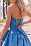Vestido de Finalistas Azul Escuro Espartilho Azul Escuro com Espartilho de Festas e Flor 3D