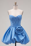 Vestido de Finalistas Azul Escuro Espartilho Azul Escuro com Espartilho de Festas e Flor 3D