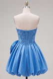 Vestido de Finalistas Azul Escuro Espartilho Azul Escuro com Espartilho de Festas e Flor 3D