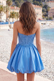 Vestido de Finalistas Azul Escuro Espartilho Azul Escuro com Espartilho de Festas e Flor 3D