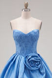 Vestido de Finalistas Azul Escuro Espartilho Azul Escuro com Espartilho de Festas e Flor 3D