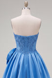 Vestido de Finalistas Azul Escuro Espartilho Azul Escuro com Espartilho de Festas e Flor 3D