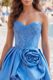 Vestido de Finalistas Azul Escuro Espartilho Azul Escuro com Espartilho de Festas e Flor 3D