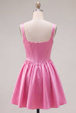 Vestido de Homecoming em Cetim de Espartilho Fúcsia Linha A
