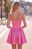 Vestido de Homecoming em Cetim de Espartilho Fúcsia Linha A