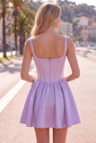 Vestido de Homecoming em Cetim de Espartilho Fúcsia Linha A