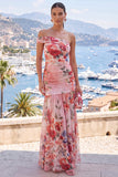 Vestido Maxi A-Line A-Line em Flor Rosa Vermelha de Flor Vermelha de Um Ombro