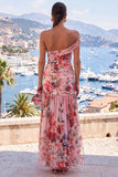 Vestido Maxi A-Line A-Line em Flor Rosa Vermelha de Flor Vermelha de Um Ombro
