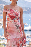 Vestido Maxi A-Line A-Line em Flor Rosa Vermelha de Flor Vermelha de Um Ombro