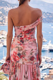 Vestido Maxi A-Line A-Line em Flor Rosa Vermelha de Flor Vermelha de Um Ombro