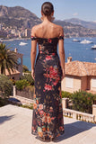 Vestido maxi de sereia franzido com flor preta e vermelha no ombro