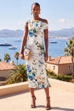 Vestido Midi Franzido Bodycon de Um Ombro Azul Flor Azul Branco