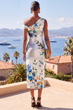 Vestido Midi Franzido Bodycon de Um Ombro Azul Flor Azul Branco