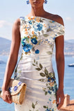 Vestido Midi Franzido Bodycon de Um Ombro Azul Flor Azul Branco