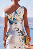 Vestido Midi Franzido Bodycon de Um Ombro Azul Flor Azul Branco