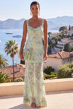 Vestido Floral Maxi de Sereia de Tiras Grossas Verde com Lantejoulas