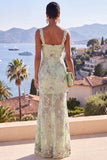 Vestido Floral Maxi de Sereia de Tiras Grossas Verde com Lantejoulas