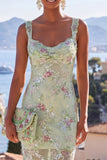 Vestido Floral Maxi de Sereia de Tiras Grossas Verde com Lantejoulas