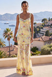 Vestido Floral Maxi de Sereia de Tiras Grossas Verde com Lantejoulas