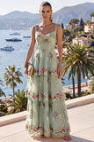 A-Line Amarelo Tiras Grossas Vestido Floral Maxi Com Lantejoulas em Camadas