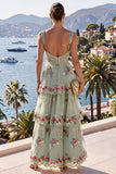 A-Line Amarelo Tiras Grossas Vestido Floral Maxi Com Lantejoulas em Camadas