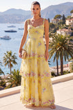 A-Line Amarelo Tiras Grossas Vestido Floral Maxi Com Lantejoulas em Camadas