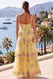 A-Line Amarelo Tiras Grossas Vestido Floral Maxi Com Lantejoulas em Camadas