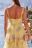 A-Line Amarelo Tiras Grossas Vestido Floral Maxi Com Lantejoulas em Camadas
