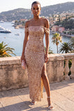 Vestido Maxi com Contas de Champanhe Desnudo e Fenda