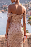 Vestido Maxi com Contas de Champanhe Desnudo e Fenda
