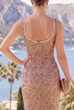 Vestido Maxi de alças grossas com contas e alças de champanhe sereia e fenda