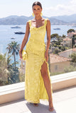 Vestido Floral Maxi Maxi de Renda Grossa Amarelo Amarelo Sereia com Abertura