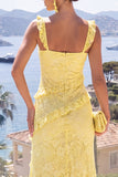 Vestido Floral Maxi Maxi de Renda Grossa Amarelo Amarelo Sereia com Abertura