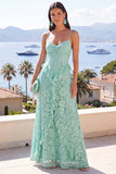 Vestido Maxi Floral em Renda A-Line Mint com Alças Finas