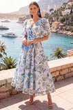 Vestido Midi Azul A-Line de Decote em V com Mangas Bufantes