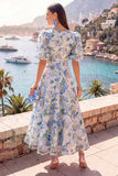 Vestido Midi Azul A-Line de Decote em V com Mangas Bufantes