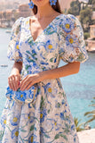 Vestido Midi Azul A-Line de Decote em V com Mangas Bufantes