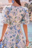 Vestido Midi Azul A-Line de Decote em V com Mangas Bufantes