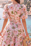 Vestido Midi Azul A-Line de Decote em V com Mangas Bufantes