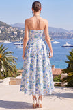 Vestido Midi Rosa A-Line Sem Alças Floral