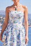 Vestido Midi Rosa A-Line Sem Alças Floral