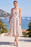 Vestido Midi Rosa A-Line Sem Alças Floral