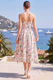 Vestido Midi Rosa A-Line Sem Alças Floral