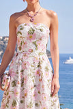 Vestido Midi Rosa A-Line Sem Alças Floral