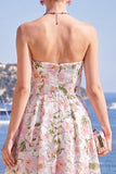 Vestido Midi Rosa A-Line Sem Alças Floral