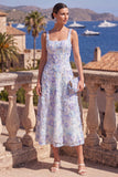 Vestido midi floral midi verde de decote quadrado com contas e renda nas costas